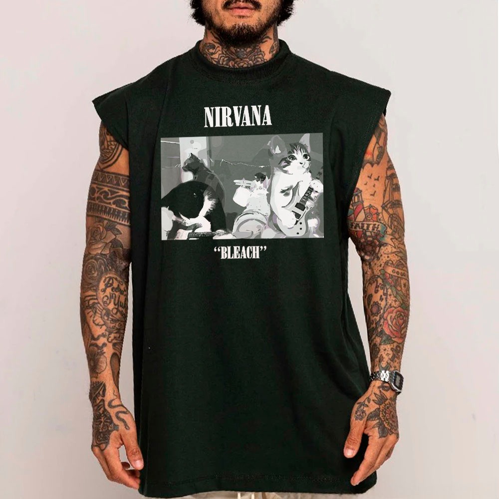 Camiseta regata Oversized machão longline Nirvana cat Bleach Album Parody Rock Punk Metal Gotic