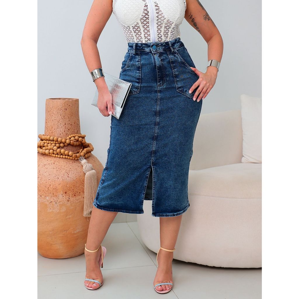 Saia Lápis Midi Azul Jeans Com Fenda Na Frente Moda Modesta Com Lycra em Oferta na Shopee