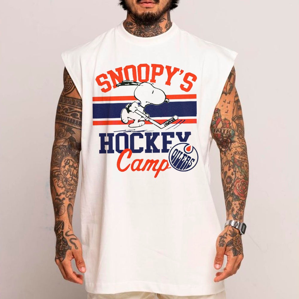 Camiseta regata Oversized machão longline Snoopys hockey camp oilers retrô arte exclusiva moda time