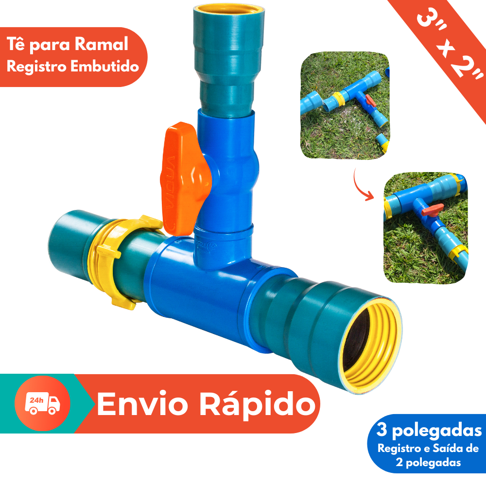 Tê Derivação Rosca Gás 3" x 2" | Registro Esfera 2" Embutido | Tubo PVC Engate Rosca