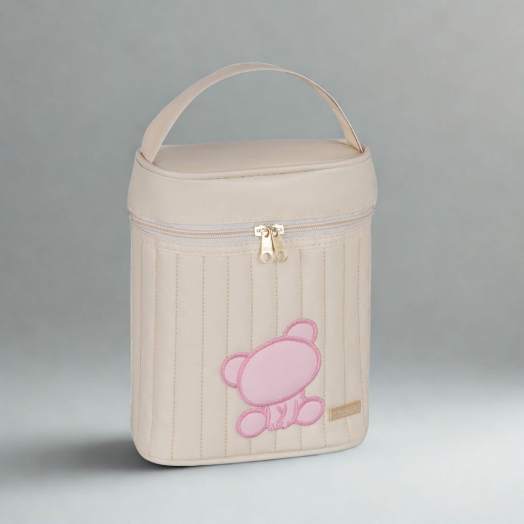 Porta Mamadeira Térmico Bege c/Urso Bordado Rosa