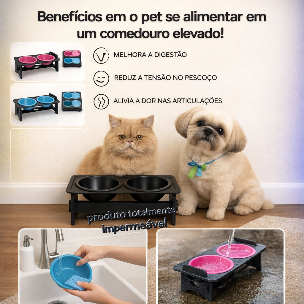 Comedouro e Bebedouro Elevado Duplo para Pets Suporte Antiderrapante Antifundos  Tigelas Removíveis de Plástico