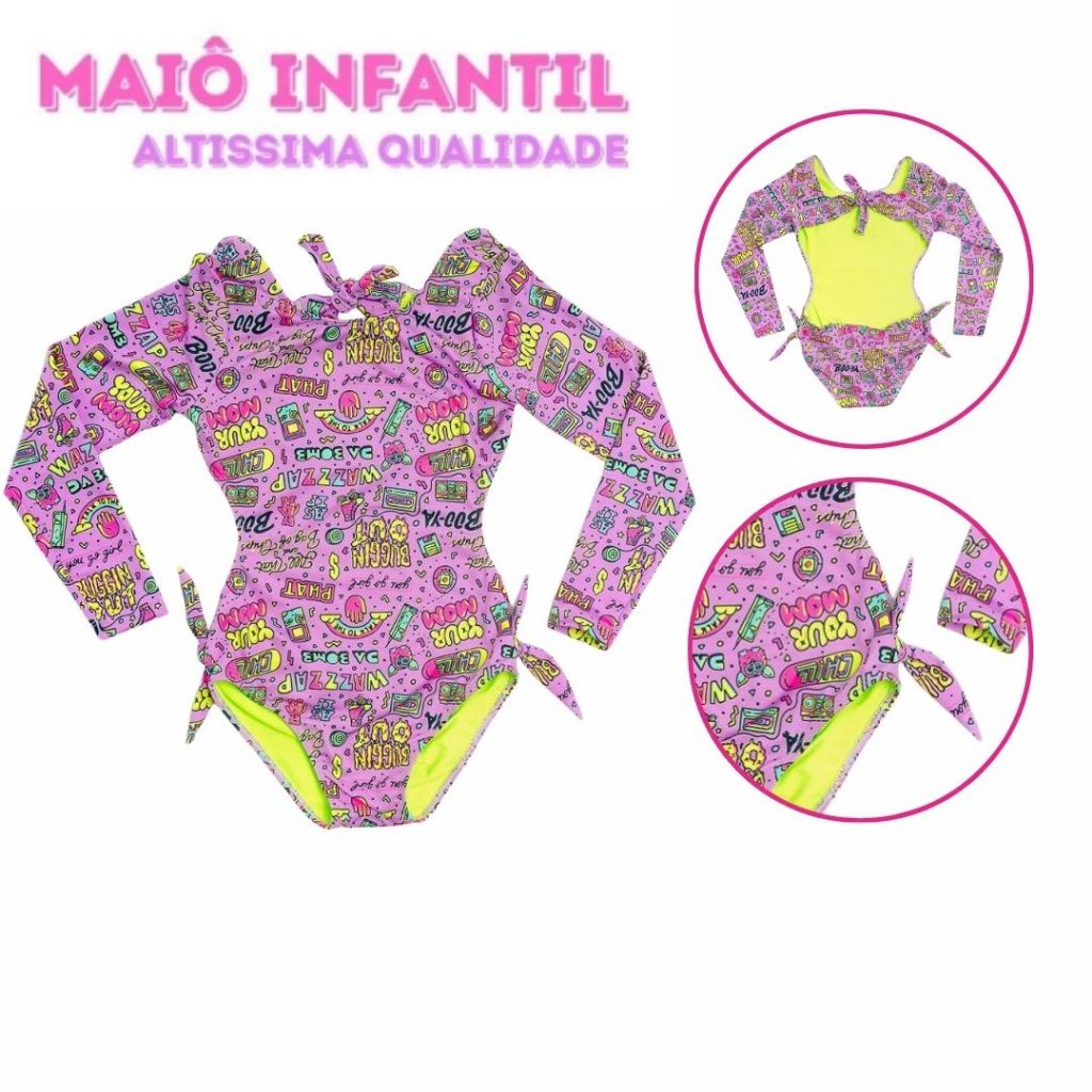 Maiô Body Infantil Menina Praia Estampado Confortável Lycra Suave REF: ISIS Tam 4 a 12 Juvenil Manga Longa