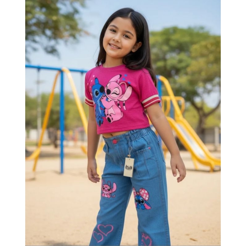 conjunto infantil stitch menina calça jeans Street infantil kit infantil stitch  feminina blusa stitich infantil menina