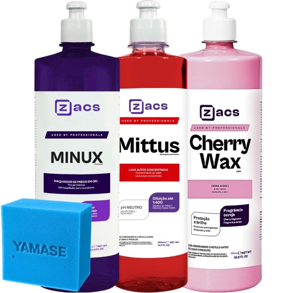 Kit Estética Automotiva Zacs Cera Cherry Wax Shampoo Concentrado Mittus Pneu Pretinho em Gel Minux 500ml