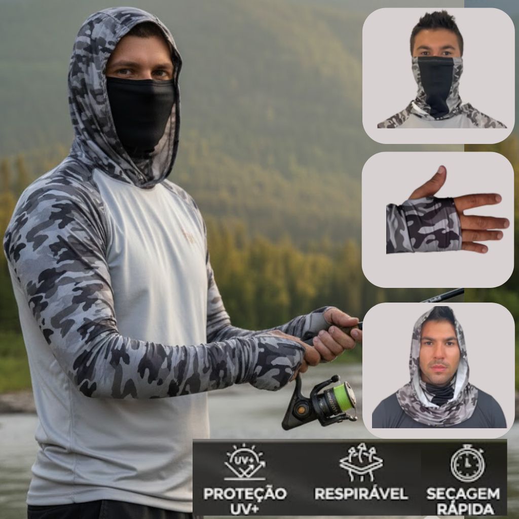 Camiseta Pesca com Proteção UV Camuflada + Kit Luva, Touca e Tubeneck Integrados