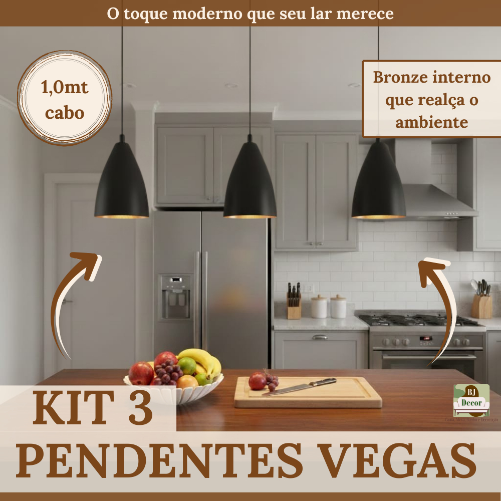 Kit 3 Pendente Luminária Vegas Preta | Luminária Pendente Moderna para Balcão e Cozinha em Oferta na Shopee