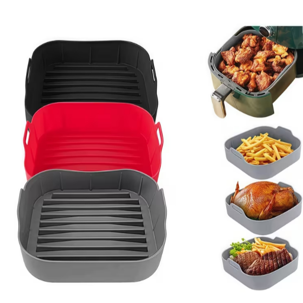 Forma Cesto de Silicone para Air Fryer – Quadrada ou Redonda – Reutilizável com Alça