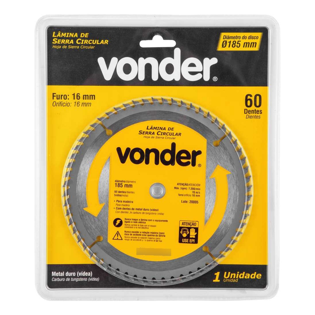 Lâmina Serra Circular C/Vídea 185x16 mm 48 Dentes VONDER