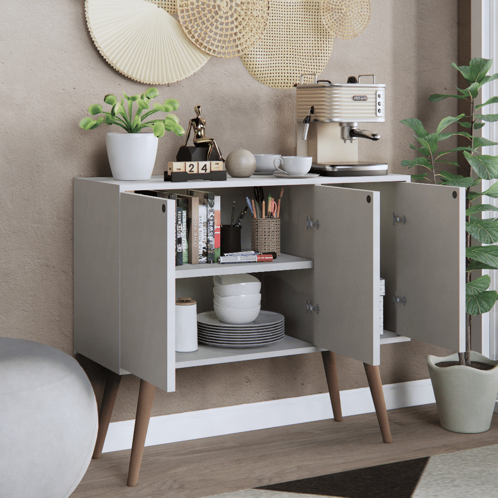 QUEIMA DE ESTOQUE !! Rack Aparador Cantinho Café Retro Pés Estilo Retrô 3 Portas Com Puxador em Oferta na Shopee