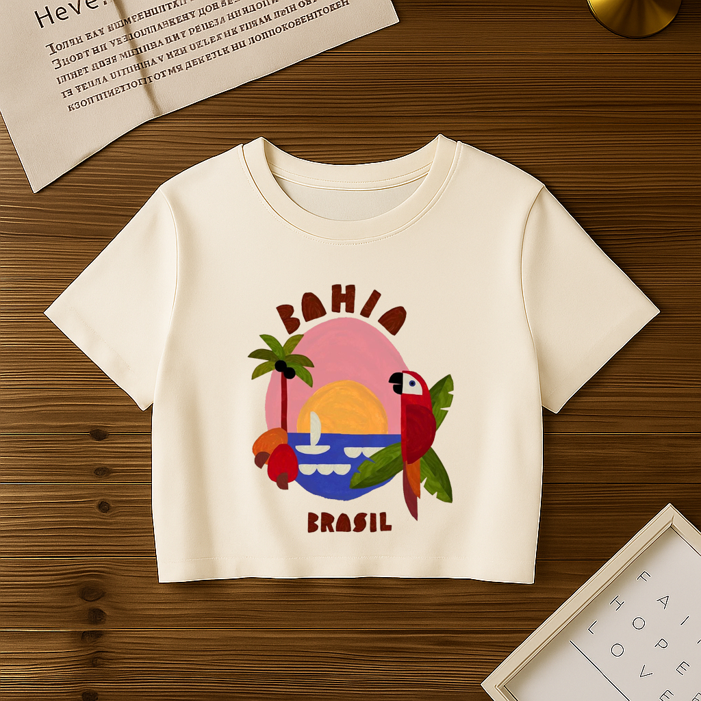 Cropped Oversized Feminina Bahia Arara Brasil Moda Praia Verão Tropical Blusa Tendência