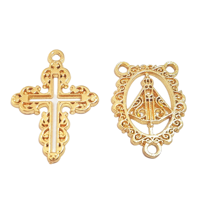 10 Crucifixos + 10 Entremeios Dourado Ouro Nossa Senhora Aparecida para Fazer Terço