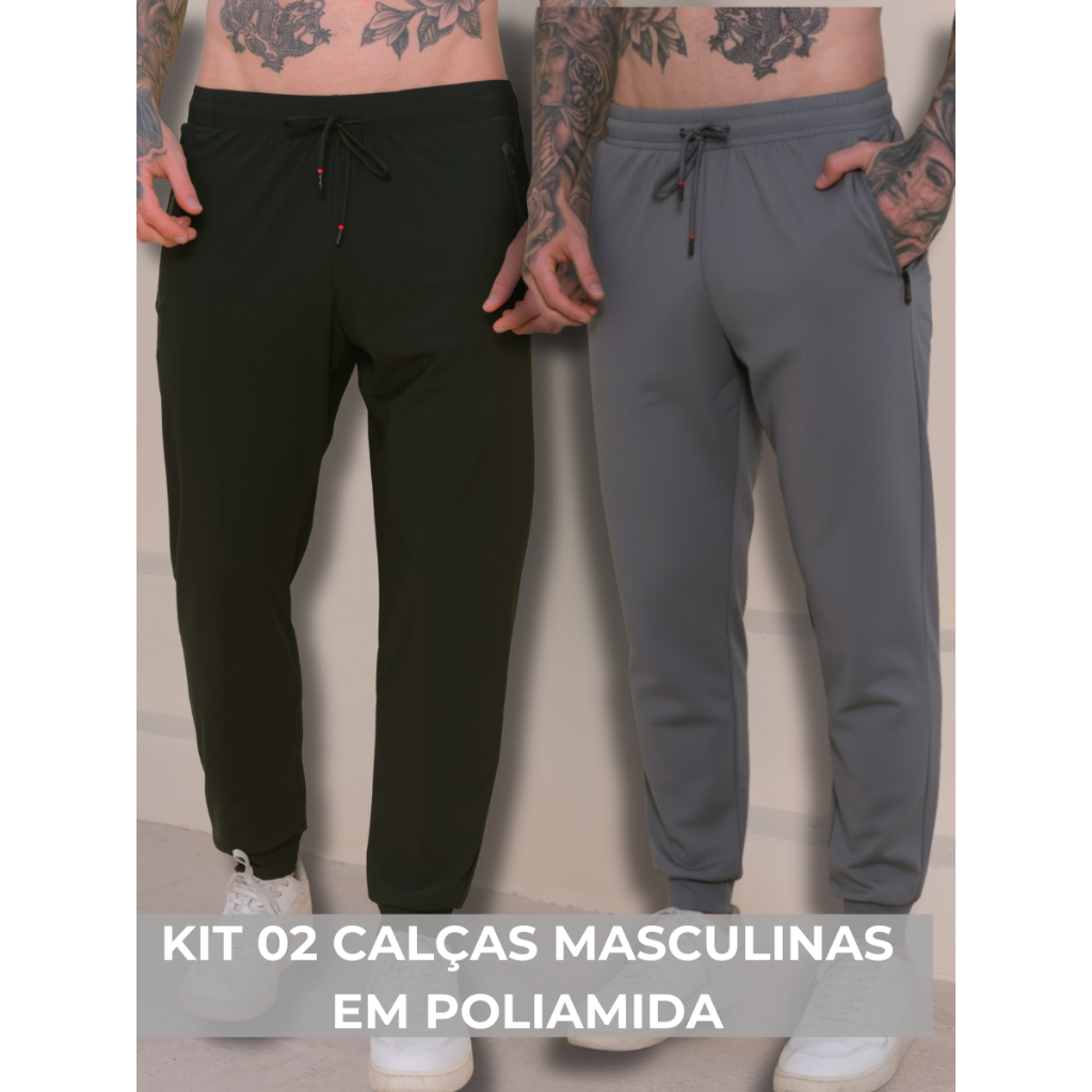 KIT 02 Calça Masculina Jogger com Bolso e Fitas Esportiva Poliamida para uso Academia Casual
