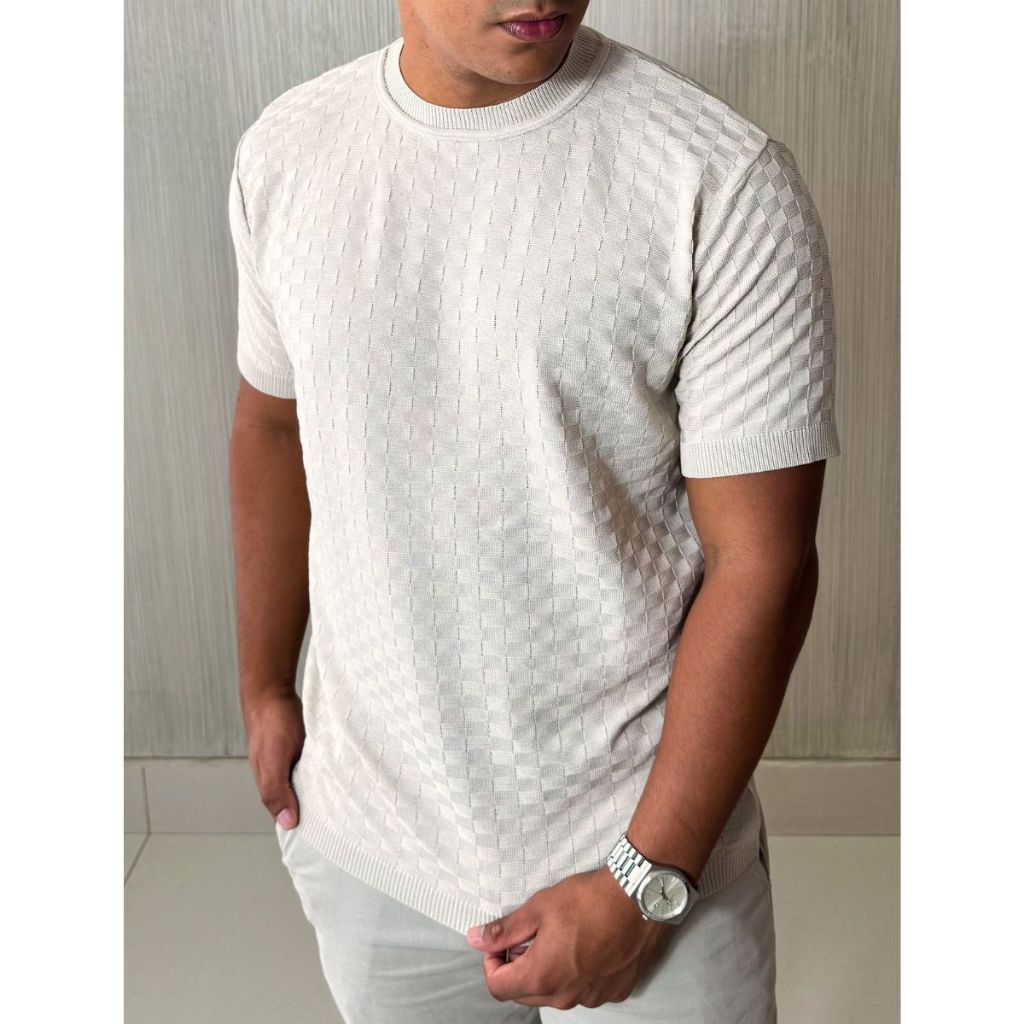 Camiseta Masculina Social Manga Curta Xadrez Malha T Shirt Elegante Estilo Modal Verao em Oferta na Shopee