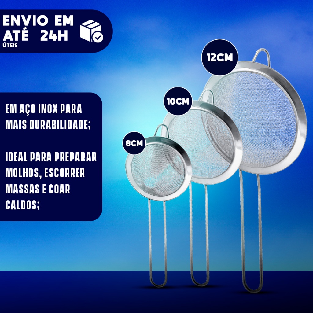 Kit 3 Peneira Coador Em Aço Inox Para Cozinha 3 Tamanhos 8/10/12 CM Casa Cozinha