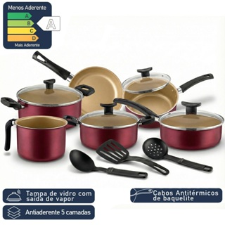 Jogo de Panelas D'Itália Teflon 09 Peças | Fácil de Limpar e Não Gruda + Utensílios e Tampa Vidro em Oferta na Shopee