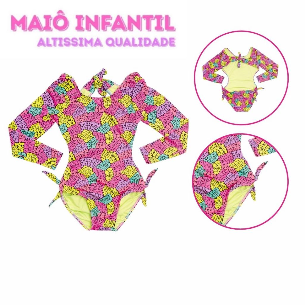 Maiô Body Infantil Menina Praia Estampado Proteção UV50+ Confortável Lycra Suave ISIS Tam 4 a 12 Juvenil Manga Longa