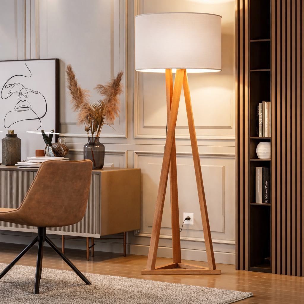 Luminária Chão Tripé Madeira Cúpula Abajur Sala Quarto Escritório Moderna Elegante Decorat...