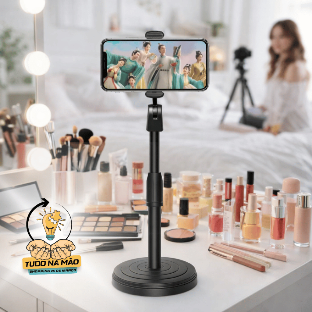 SUPORTE DE MESA P/ CELULAR 360 GRAUS Ajustável c/ Pedestal Blogueiras Influencer Criador de Conteúdo