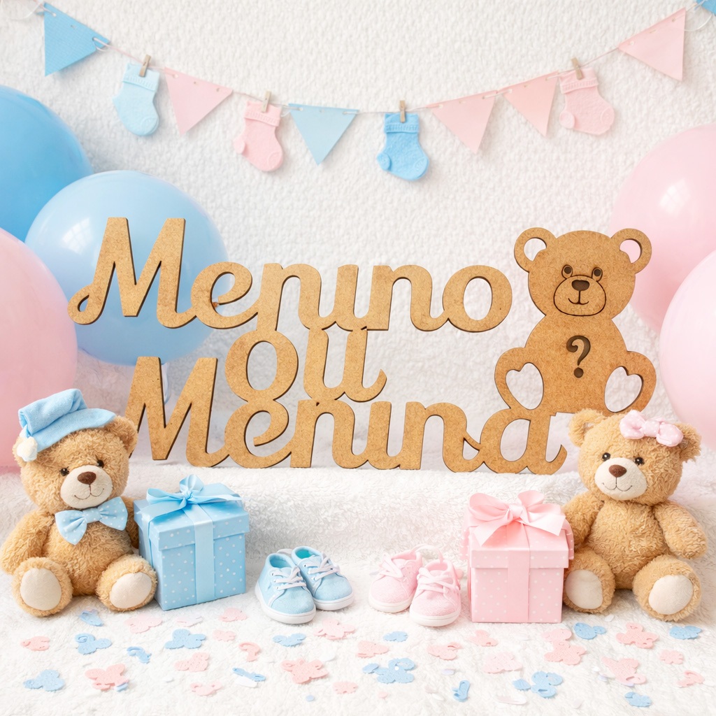 Decoração Chá Revelação Painel Letreiro em MDF Menino ou Menina Ursinho 40x30 cm
