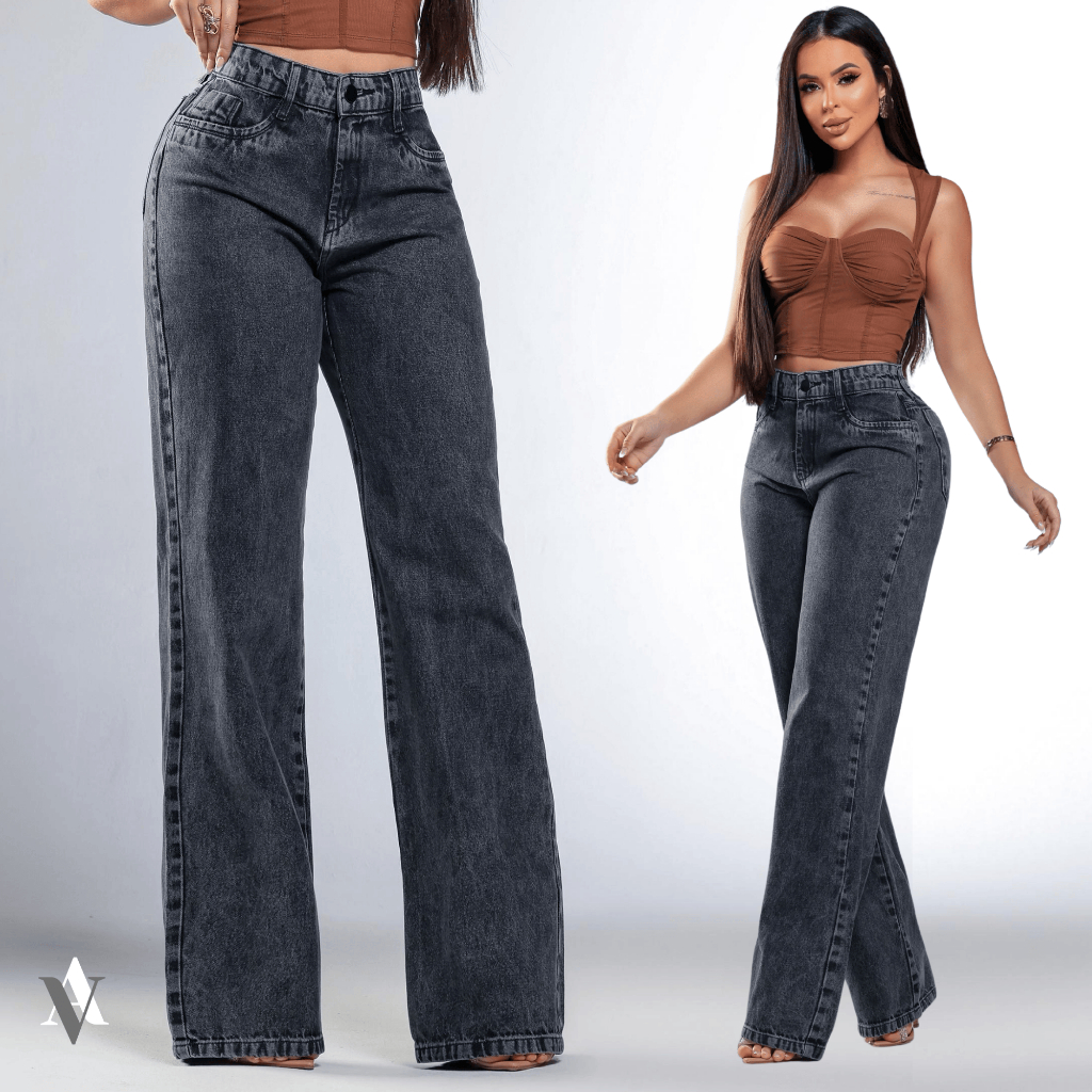 Calca Wide Leg Jeans Feminina Pantalona Larga Cintura alta em Oferta na Shopee