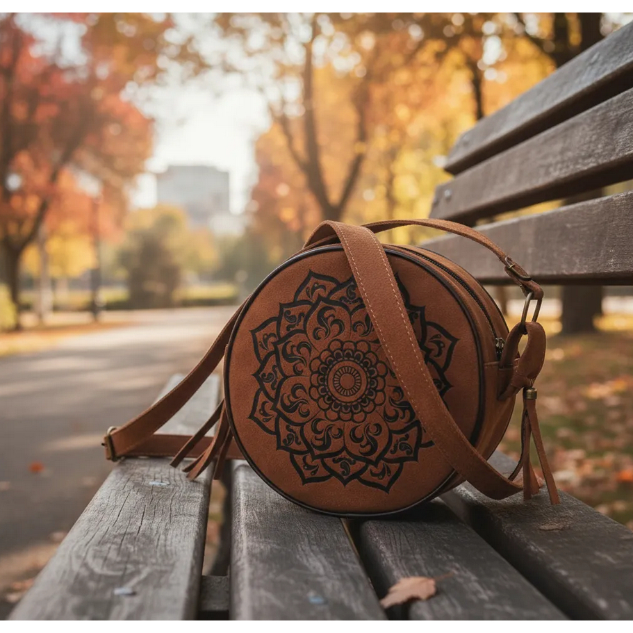 Bolsa Redonda Mandala Ética Camurça Hippie Boho Franjas