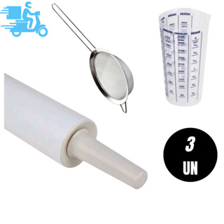 Kit 3 Sendo 1 Rolo de Massa+ Peneira P em inox+ Copo Medidor de 500 ml e 1 Unidade de Peneira P em Oferta na Shopee