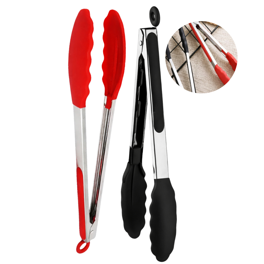 KIT 2 Pegador De Silicone e Inox Para Carne Churrasco Salada Cozinha Pinça Vermelho/Preto em Oferta na Shopee