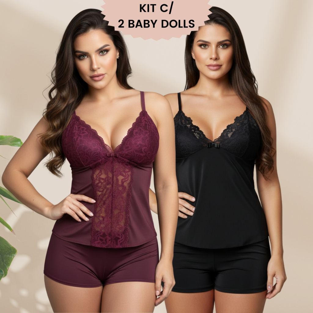 Kit 2 Baby Doll Short Doll Pijama Confortável Sem Bojo Fresco Verão Conjunto Dormir Alça Regulável