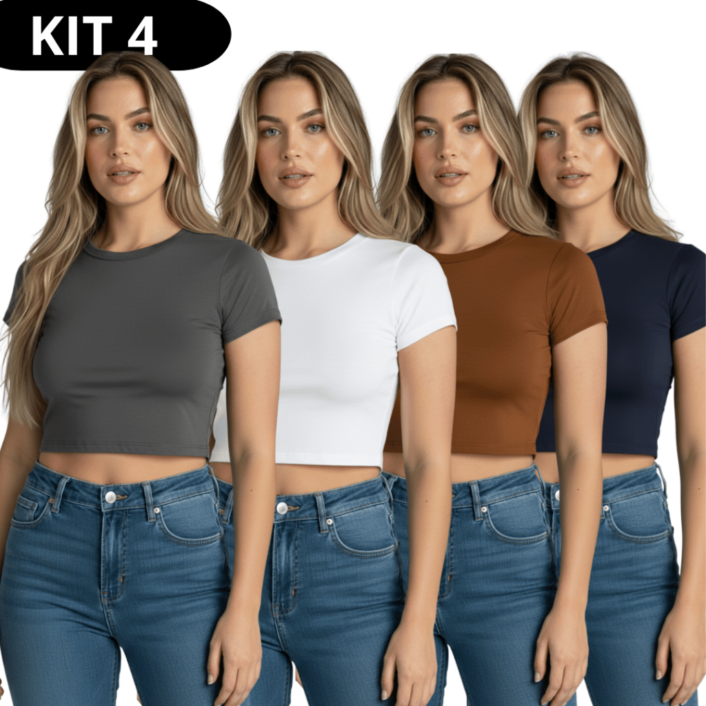 Kit 4 Baby Tee Feminina - Blusa Slim Fit Manga Curta Blusa Várias Cores Ajuste Perfeito verão moda suplex