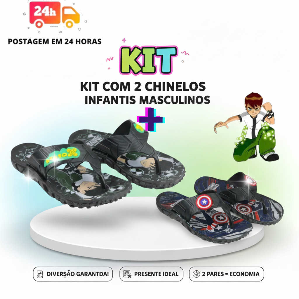 Kit 2 Chinelos Masculino de Personagem Ben 10 e Capitão America Confortavel Resistente do 25 Ao 32 Acessivel
