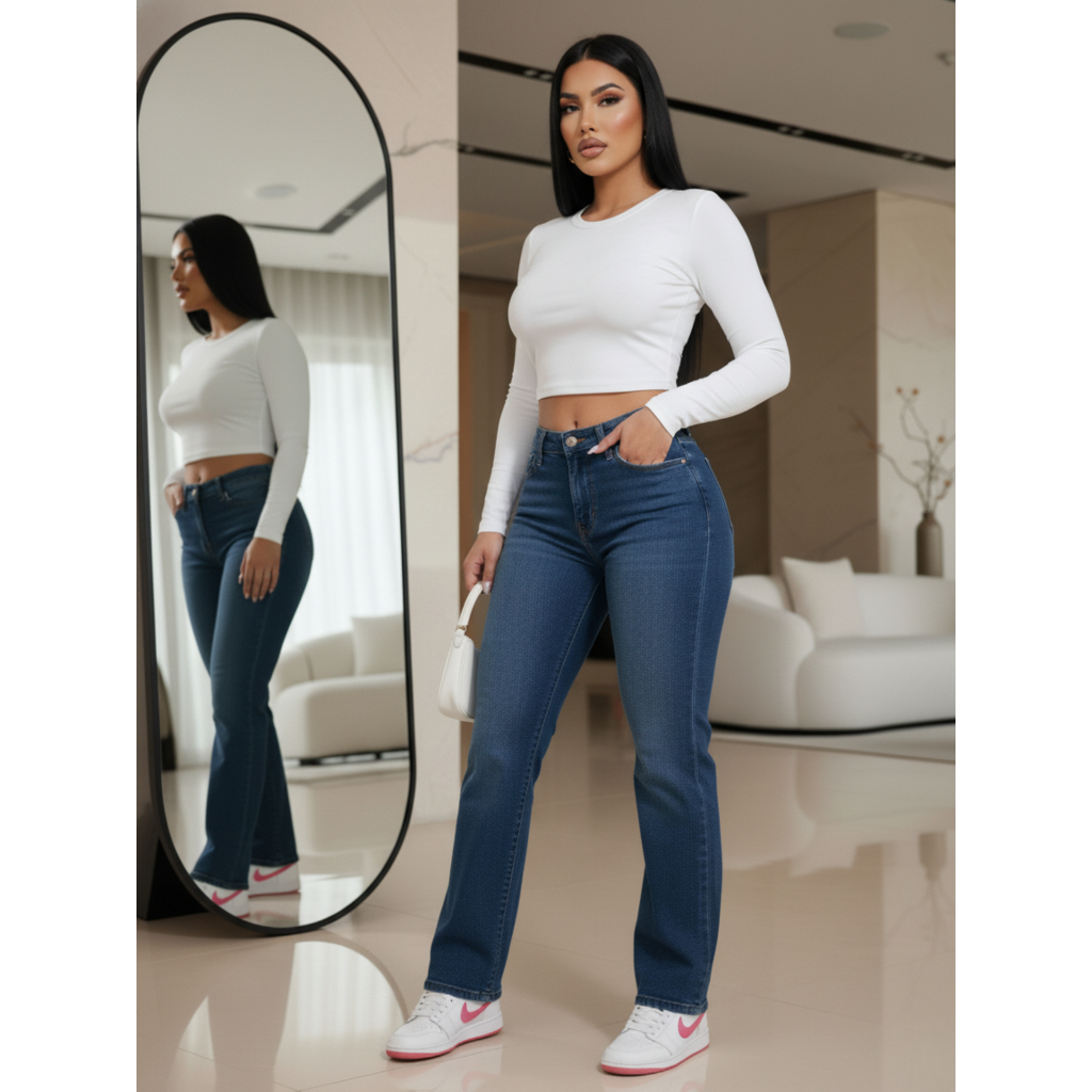 Calça Flare Jeans Feminina Boca de Sino Cintura Alta Modeladora