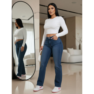 Calça Flare Jeans Feminina Boca de Sino Cintura Alta Modeladora em Oferta na Shopee