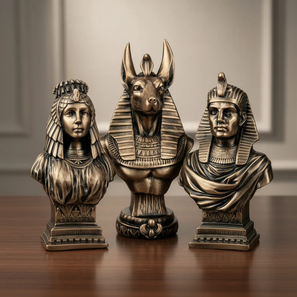 Trio Egipcio - Estatueta Anubis Faraó Cleópatra - Egito - Kit com 3 Peças
