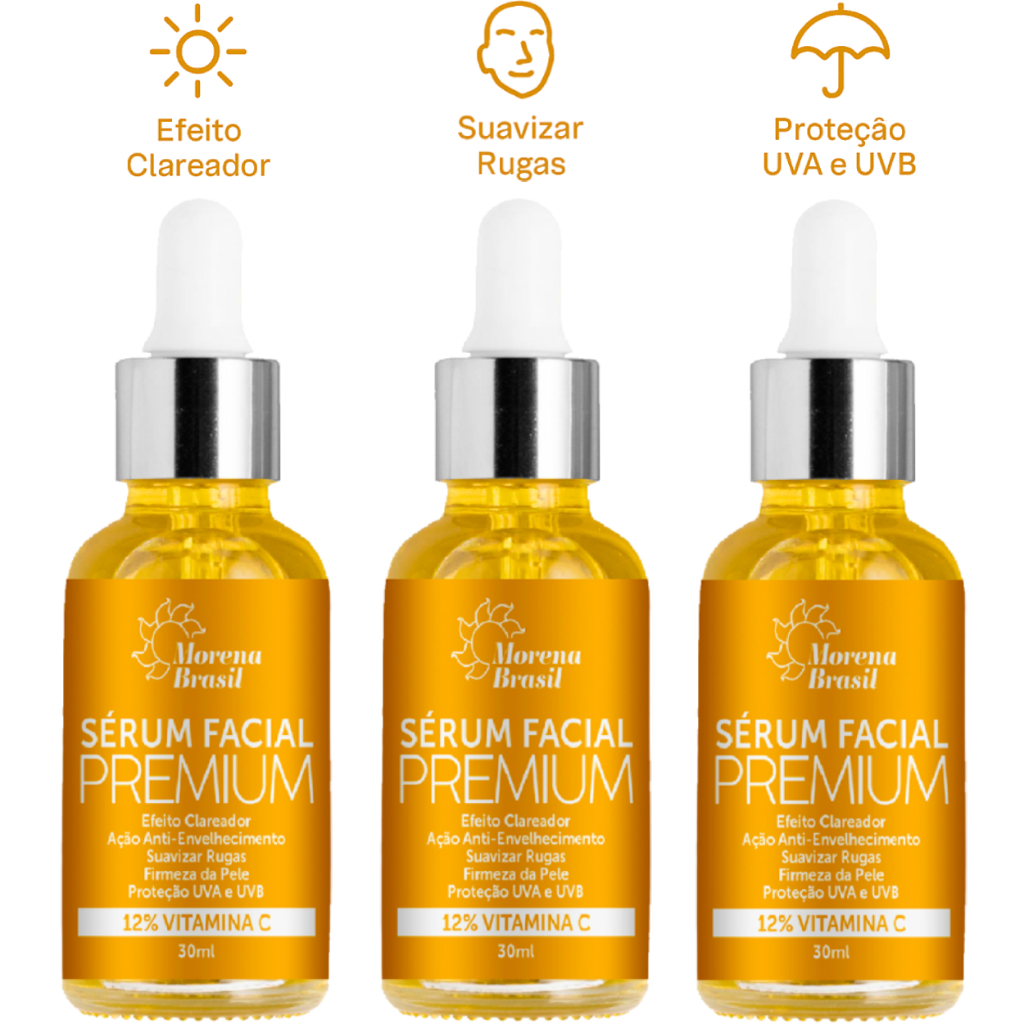 Kit 3x Sérum Premium Vitamina C – Clareia, Rejuvenesce e Hidrata