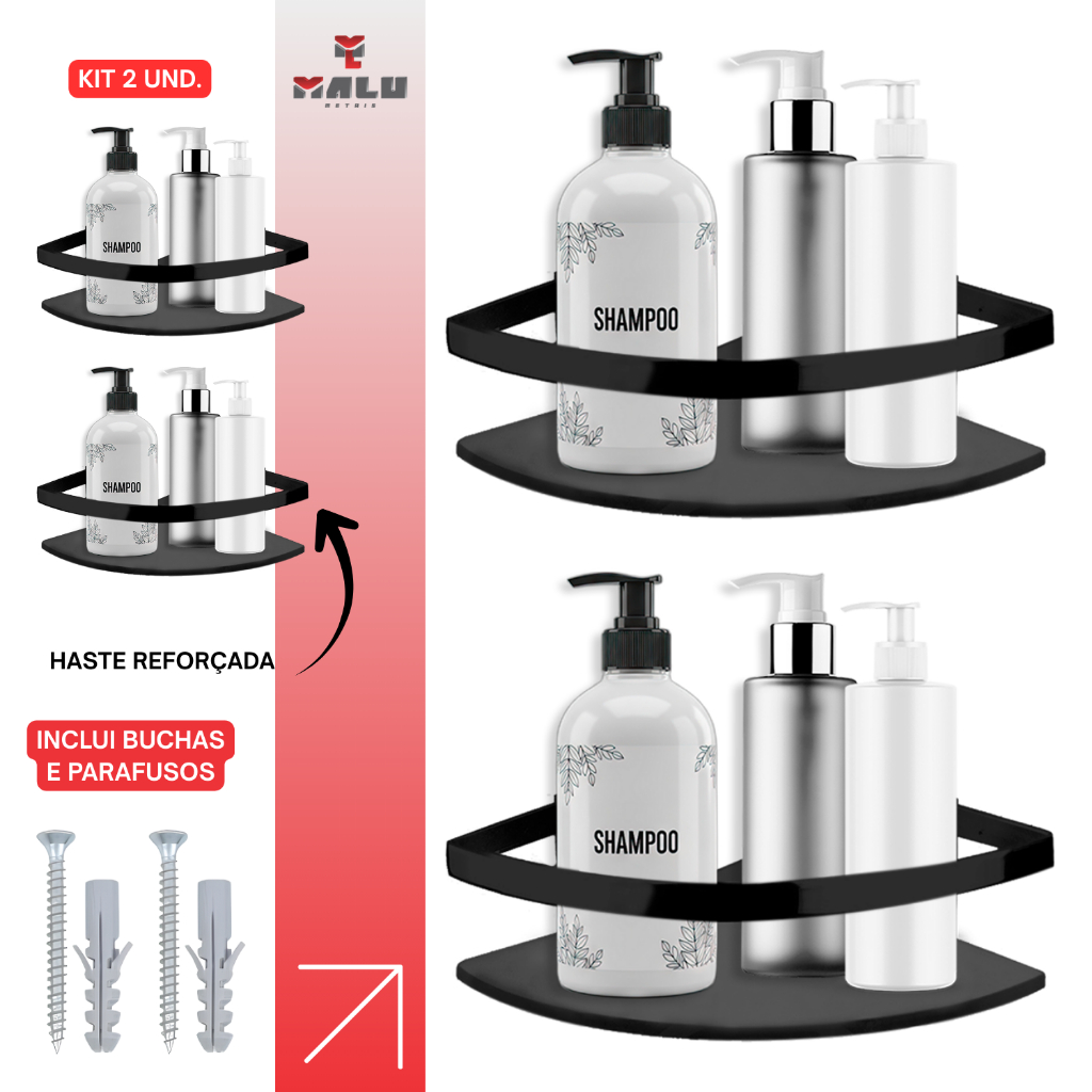 PORTA SHAMPOO PRATELEIRA BANHEIRO SUPORTE VIDRO TEMPERADO 6MM HASTE ALUMÍNIO CANTO LUXO PRETO KIT 2 UN