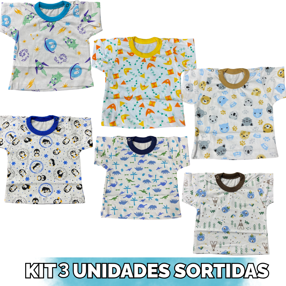 KIT 3 CAMISETAS MANGA CURTA MASCULINA ESTAMPADA SORTIDA - INCRIVEIS BABY