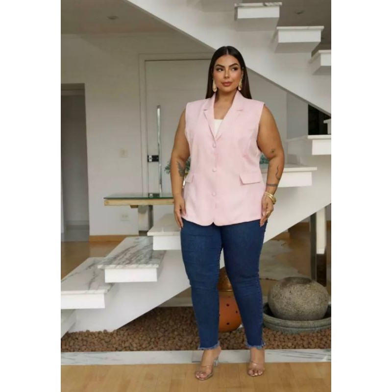 Colete longo Alfaiataria Plus size Femenino sem manga G1 - G2  G3 em Oferta na Shopee