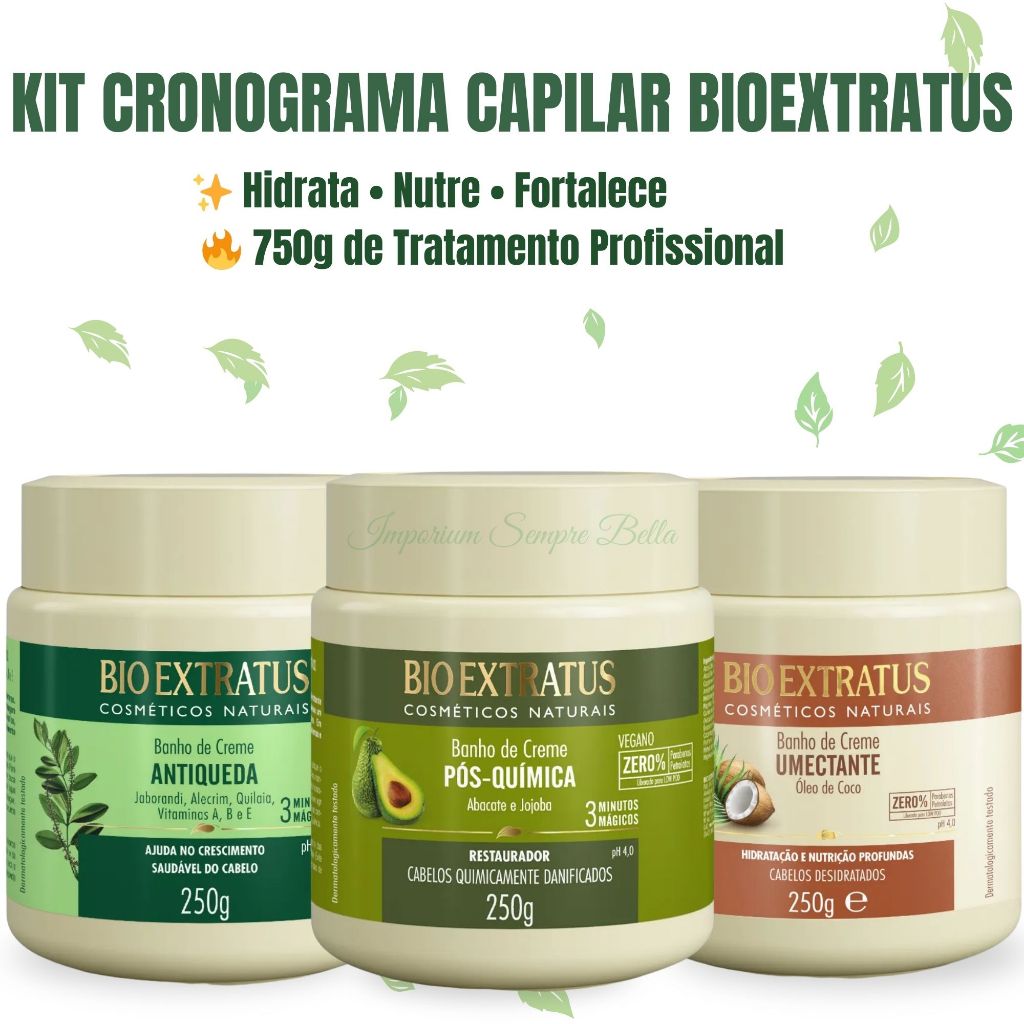 KIT CRONOGRAMA CAPILAR BIOEXTRATUS 3x250g Antiqueda, Umectante, Pós-Química | Alecrim, Coco, Abacate