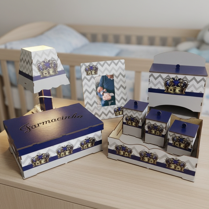 Kit Higiene Bebe Adesivado MDF Decoração Coroa Azul Menino Organizador Maternidade Cuidados
