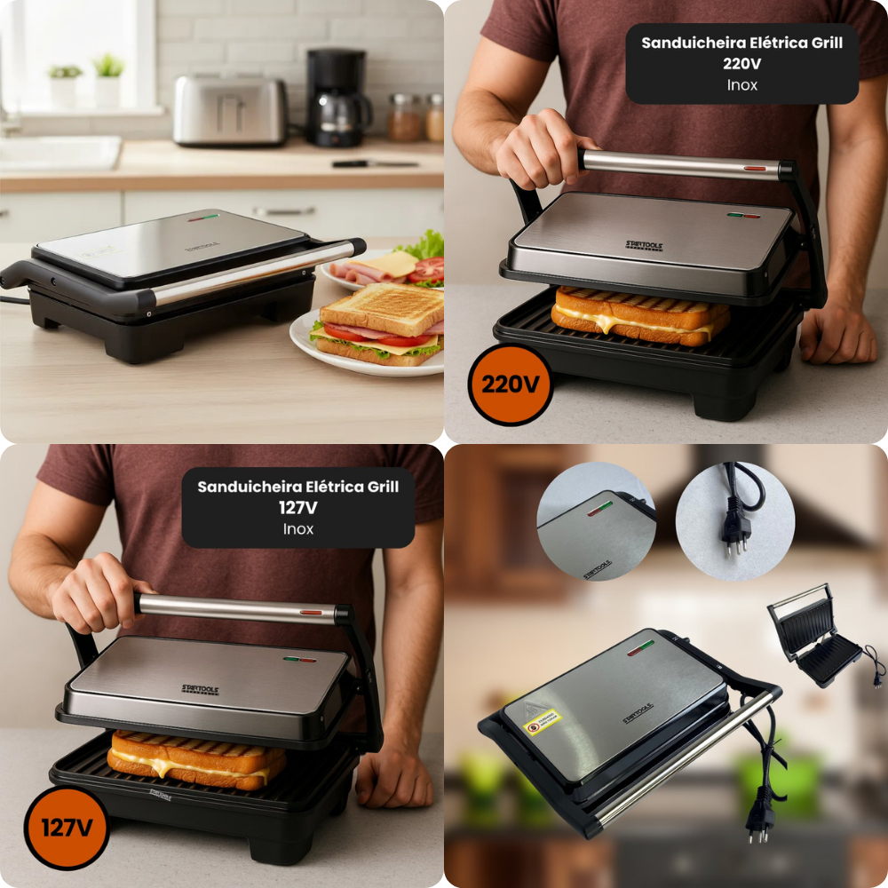 Sanduicheira Elétrica Grill 1000W Preparar Lanches Sanduíches Carnes Finas Legumes Petiscos de Forma Rápida Prática Casa
