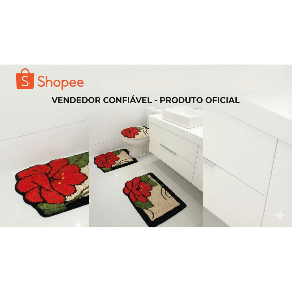 Jogo De Tapete Banheiro personalizado 3 Peças Frufru flor Vermelha fundo antiderrapante