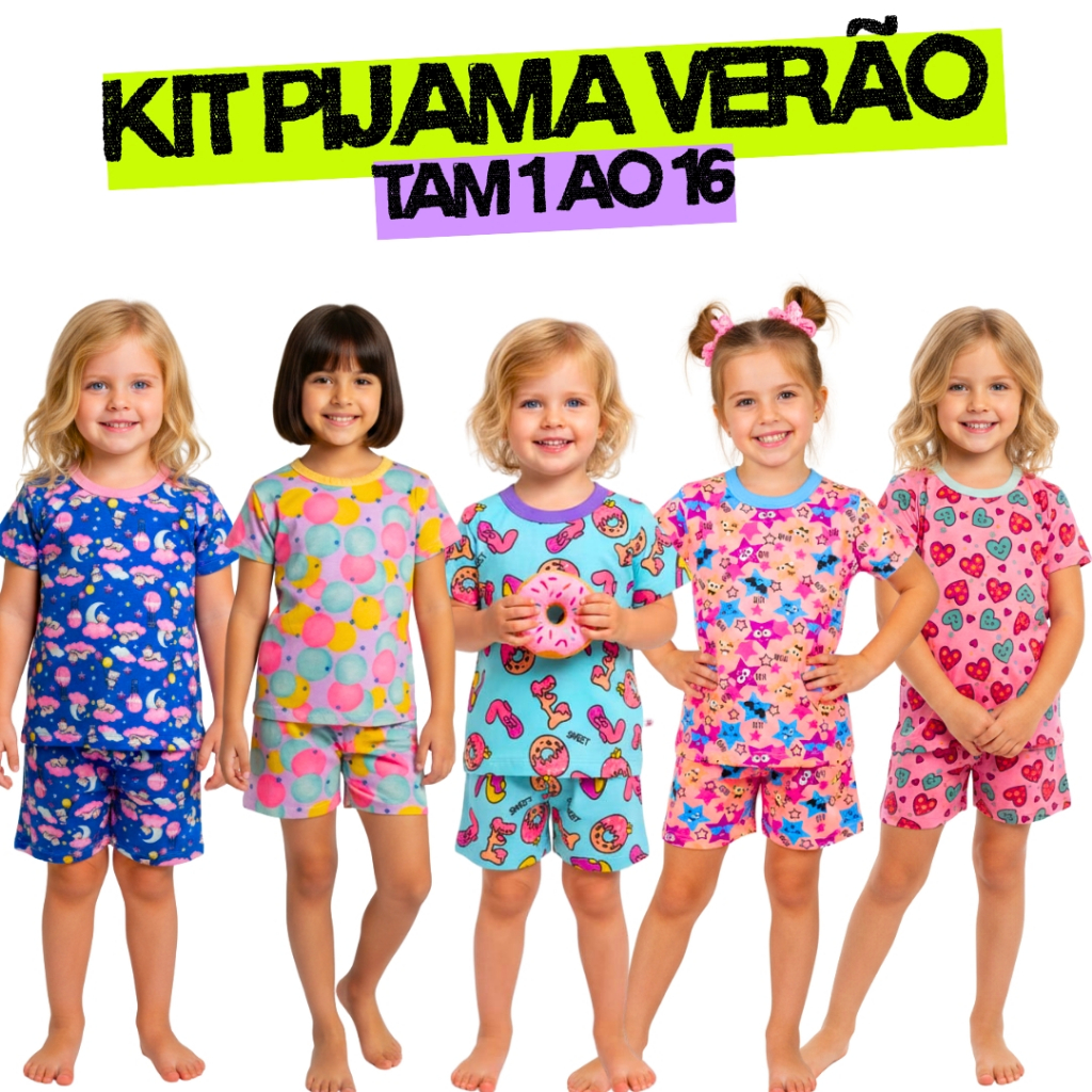 Kit 6 Peças Pijama Infantil Menina Verão| 3 Camiseta Manga Curta  3 Bermuda| Roupa de Criança 1 a 16