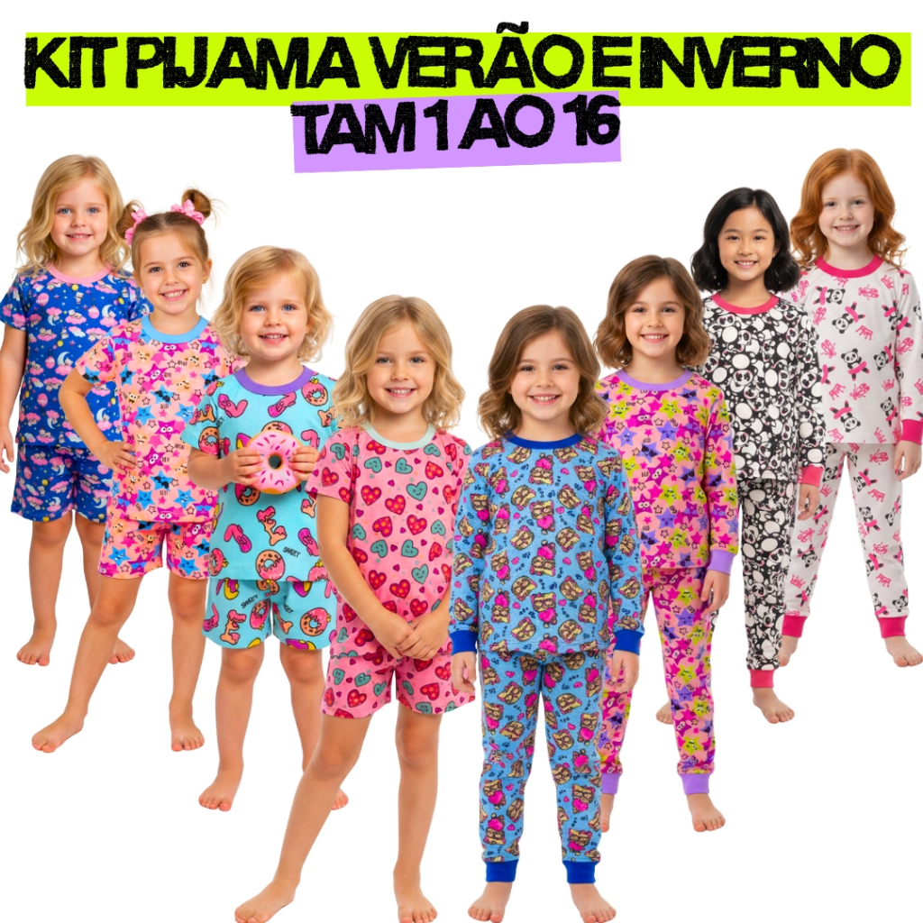 Kit 4 Peças Pijama Infantil Menina Verão e Inverno 1 Pijama Verão e 1 Pijama Inverno Algodão 1 ao 16