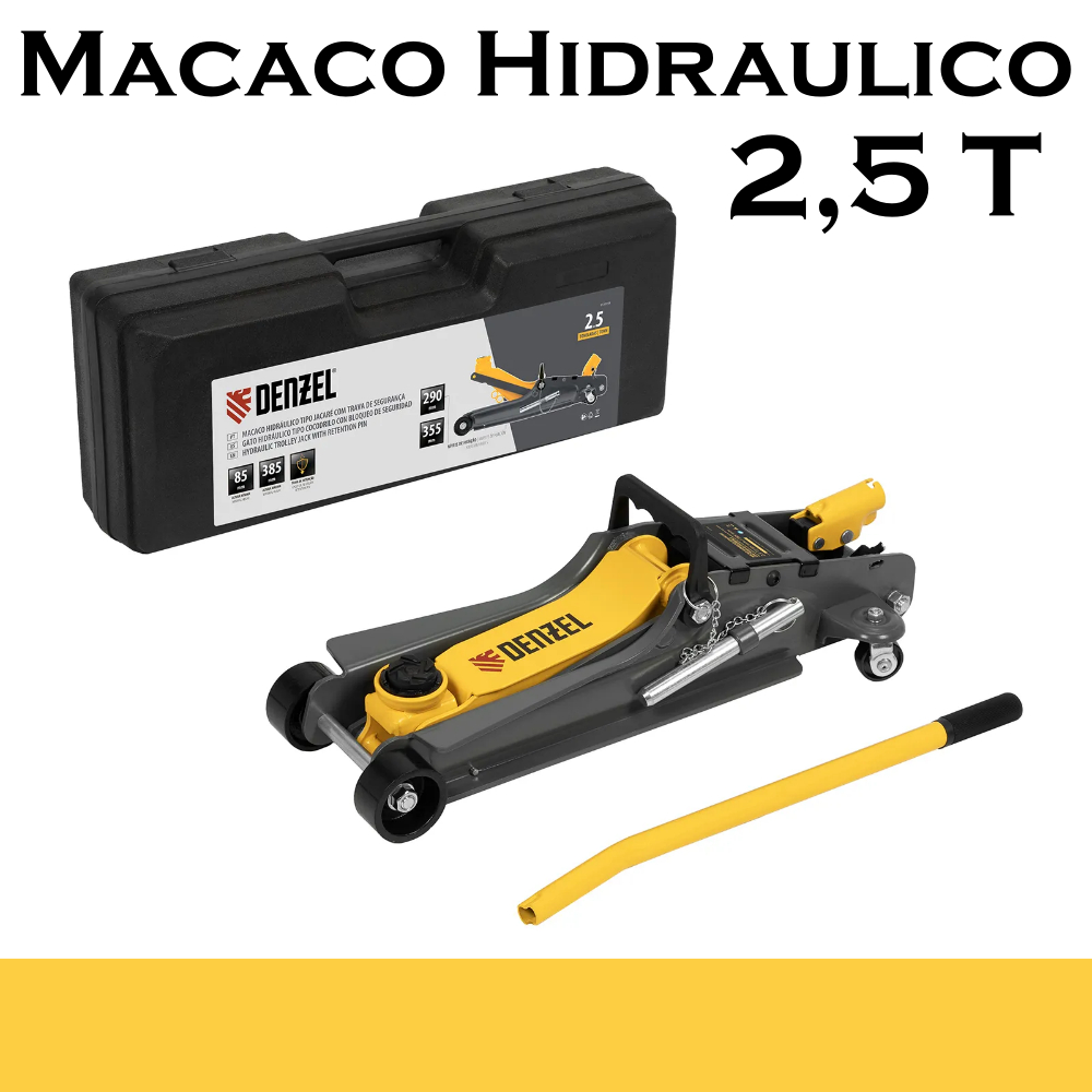 Macaco Hidraulico Com Trava, Tipo Jacaré 2,5 T, Com Maleta Plástica / DENZEL Macaco Hidraulico Com Trava, Tipo Jacaré 2,5 T, Com Maleta Plástica / DENZEL