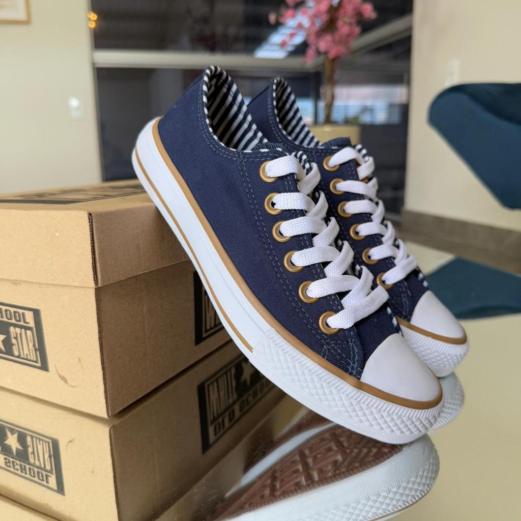 tenis cano baixo jeans marinho listrado brilho tradicional em Oferta na Shopee