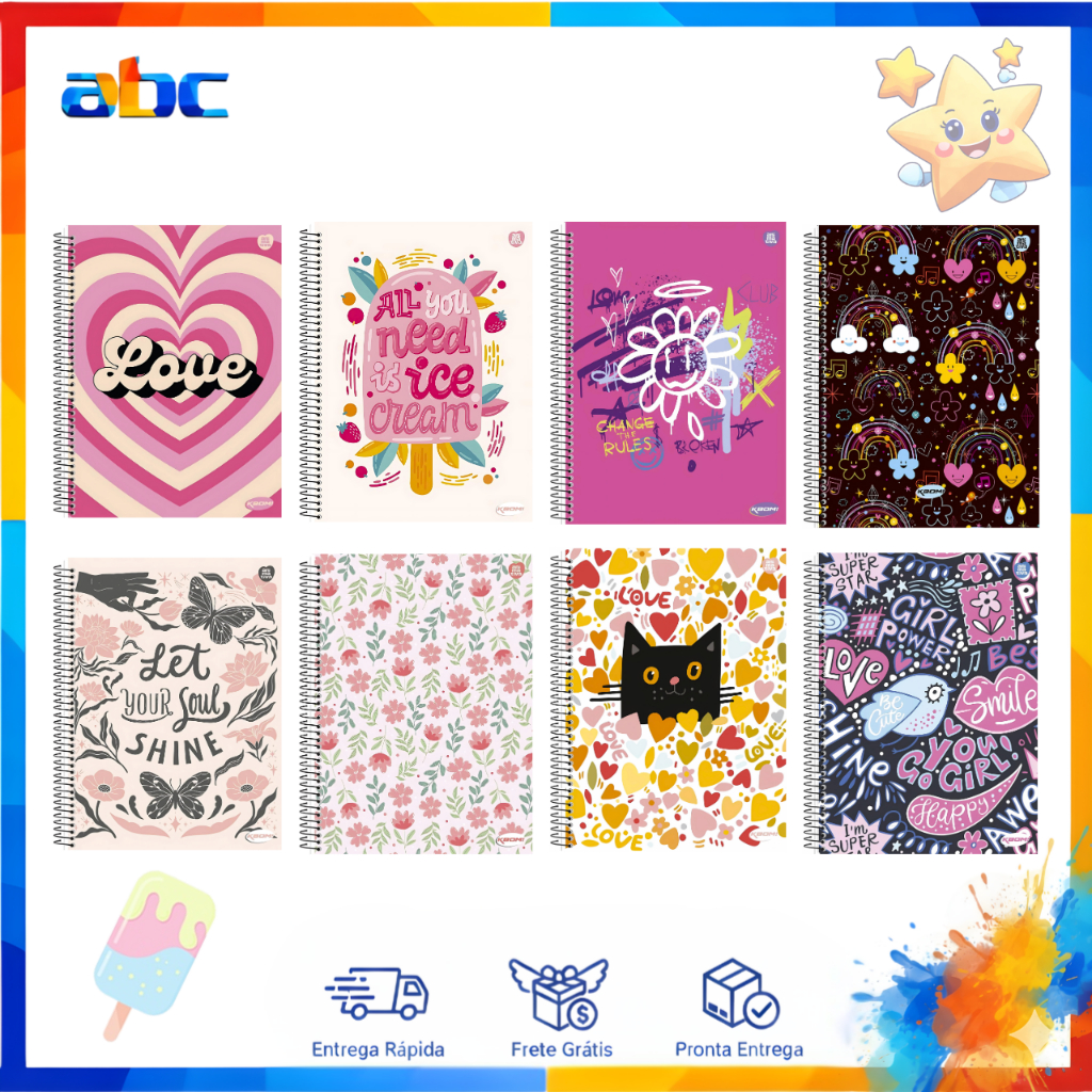 Caderno Universitário 15 Matérias Kbom Feminino 300 Folhas em Oferta na Shopee