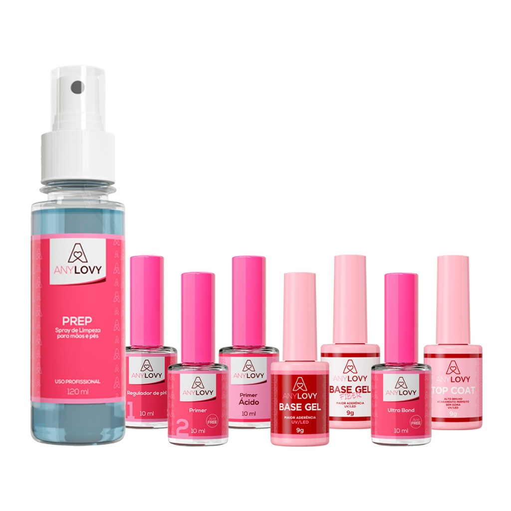Kit Completo Any Lovy - Primer Ultrabond Regulador Gel Base Prep Antisséptico Top Coat Preparadores