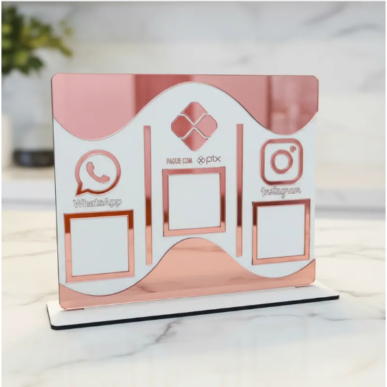 Placa Display de Mesa e Balcão para QR Code WHATSAPP PIX INSTAGRAM no MDF Branco e Acrílico Rosê
