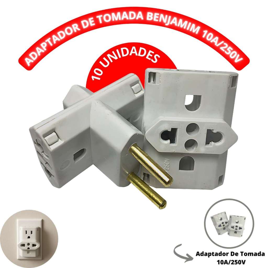 Adaptador De Tomada Benjamim T Resistente 10A/250V Pacote Kit 10 Unidades